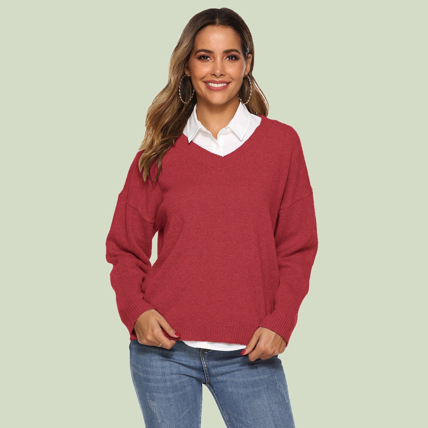 WW | Strickpullover V-Ausschnitt Relaxed Fit Lange Ärmel Weich Und Bequem