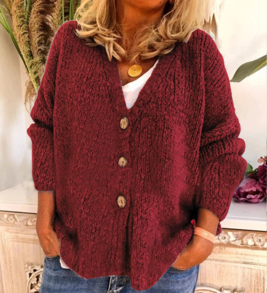 WW | Cardigan Loose Fit Soft Chunky Knit V-Neck with Buttons
