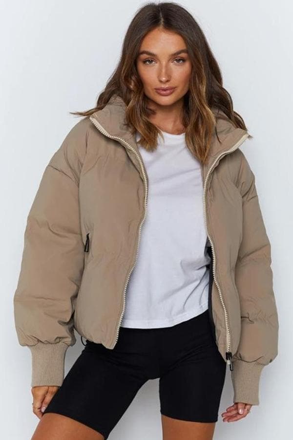 WW | Pufferjacke Gestepptes Design Übergroß Passform Hoher Kragen Gepolstert Und Warm