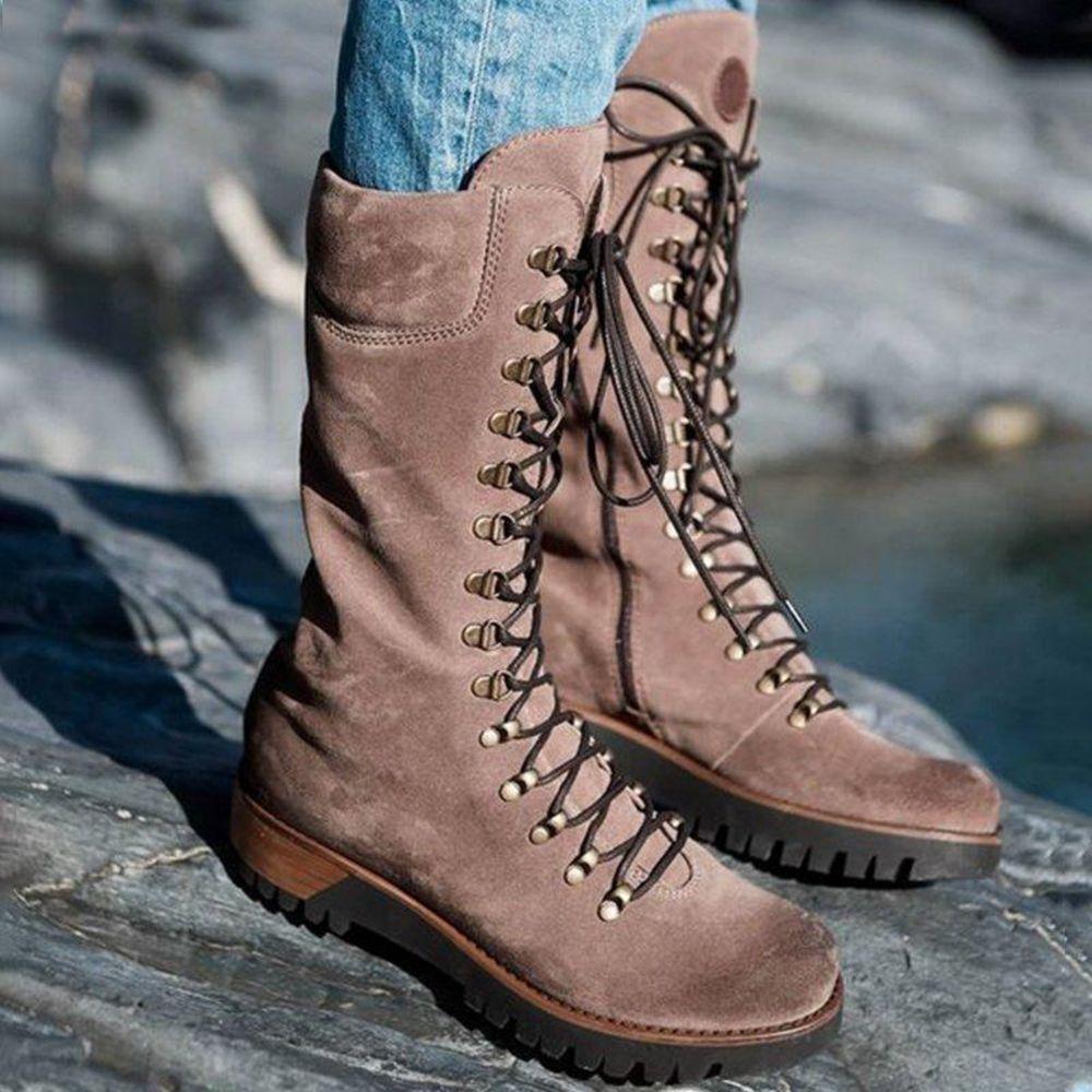 WW | Knielange Schnürstiefel Wildleder Robuste Sohle Reißverschluss Bequeme Passform