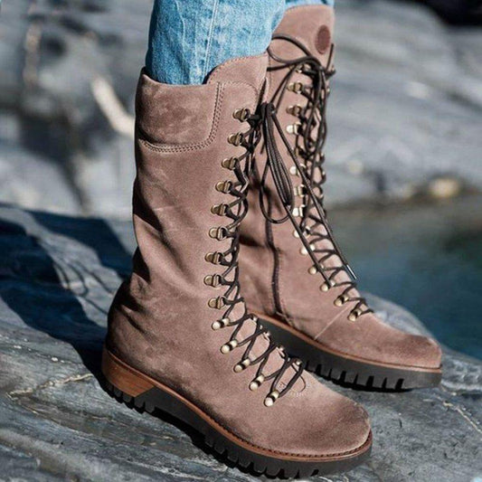 WW | Knielange Schnürstiefel Wildleder Robuste Sohle Reißverschluss Bequeme Passform
