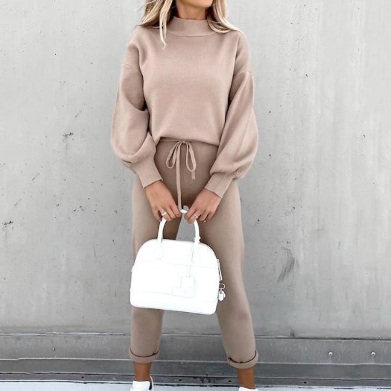 WW | Gemütlicher Anzug Lässiger Pullover Mit Ballonärmeln Hochtaillierte Jogginghosen Mit Kordelzug