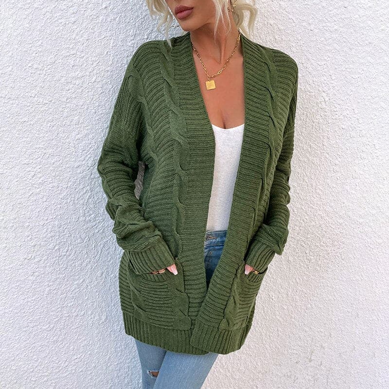 WW | Strickjacke Gestrickte Kabelmuster Offene Vorderseite Langärmlig Mit Taschen