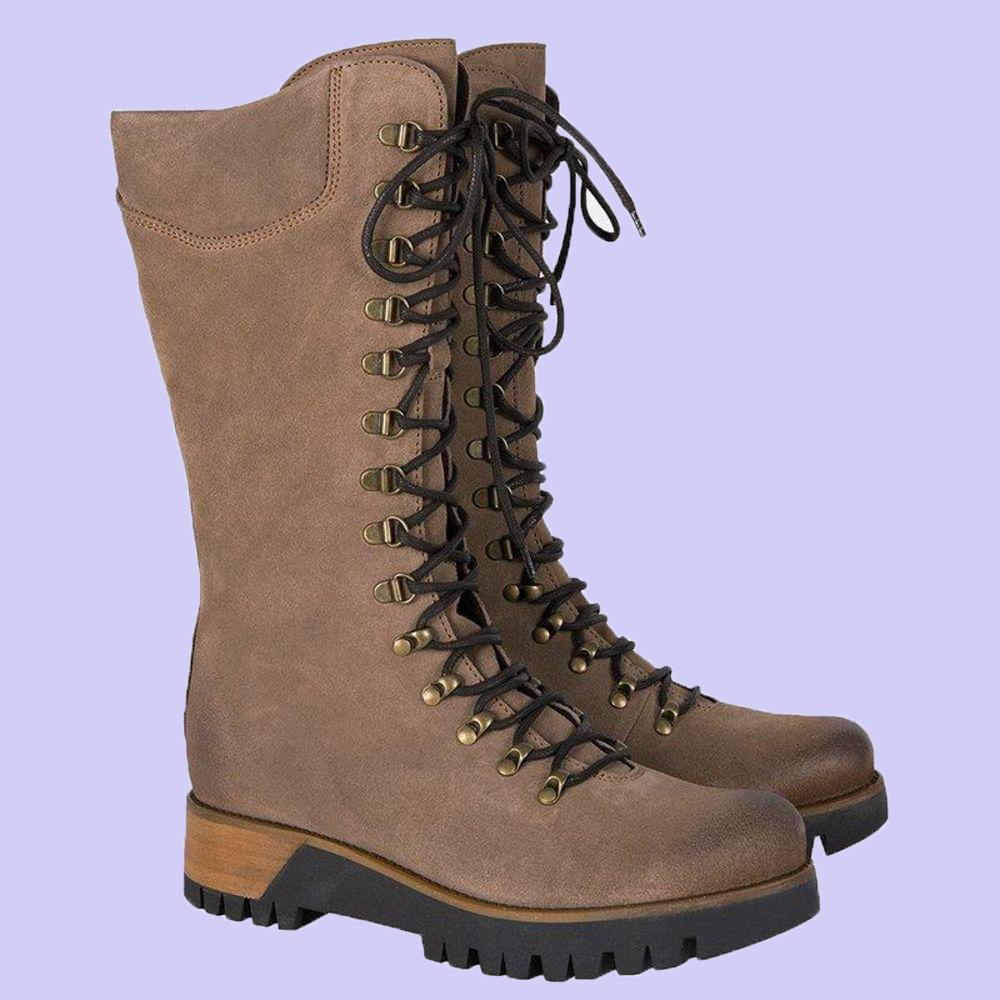 WW | Knielange Schnürstiefel Wildleder Robuste Sohle Reißverschluss Bequeme Passform