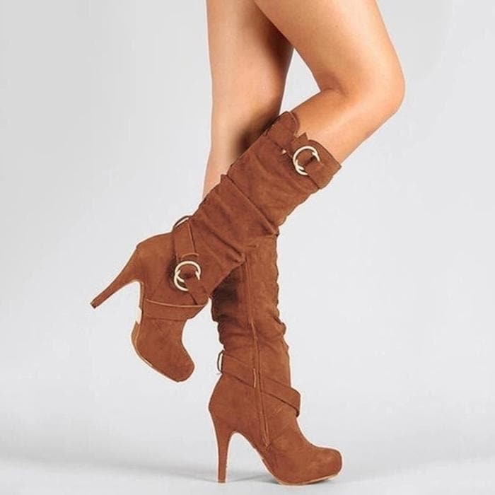 WW | Kniehohe Stiefel Wildleder Lässige Passform Hohe Stiletto Absätze Schnallen Details