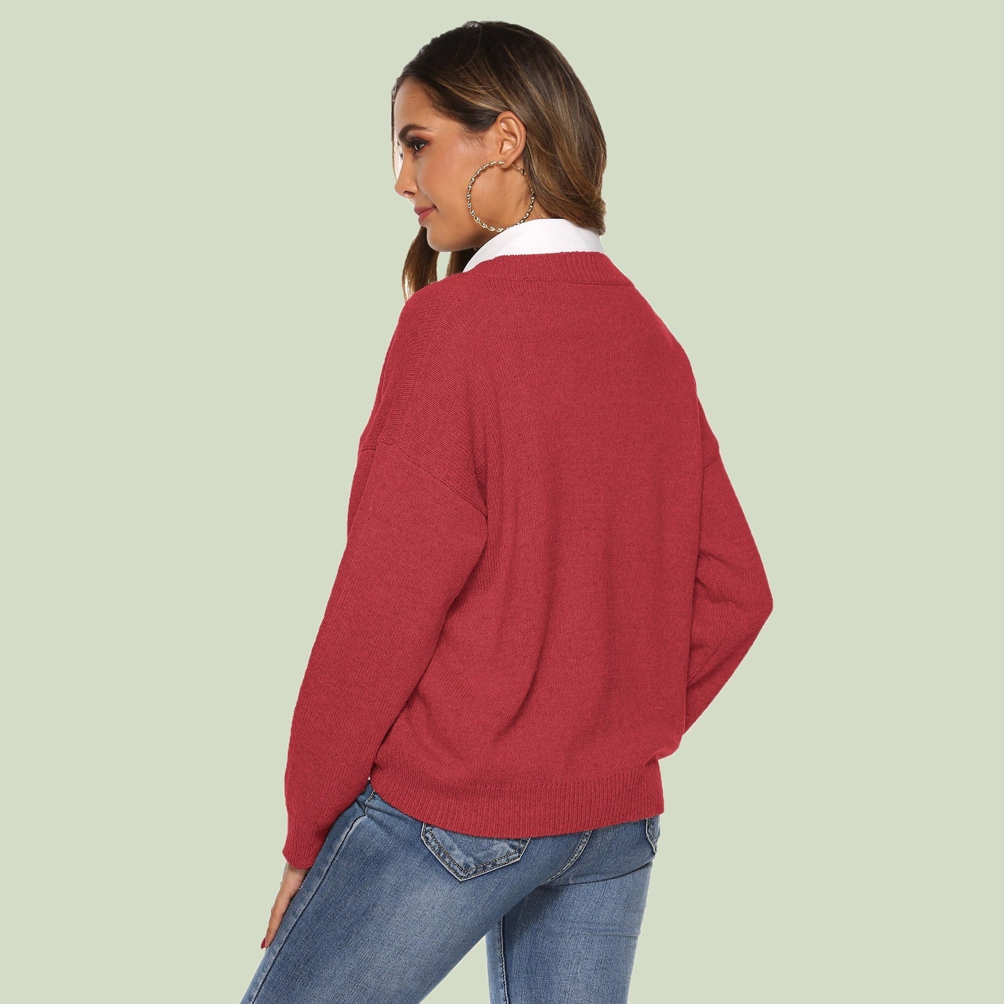 WW | Strickpullover - V-Ausschnitt - Lockere Passform - Lange Ärmel - Weich und Bequem