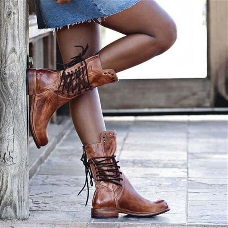 WW | Stiefeletten Leder Schnürung Nieten Details Niedriger Absatz Runde Spitze