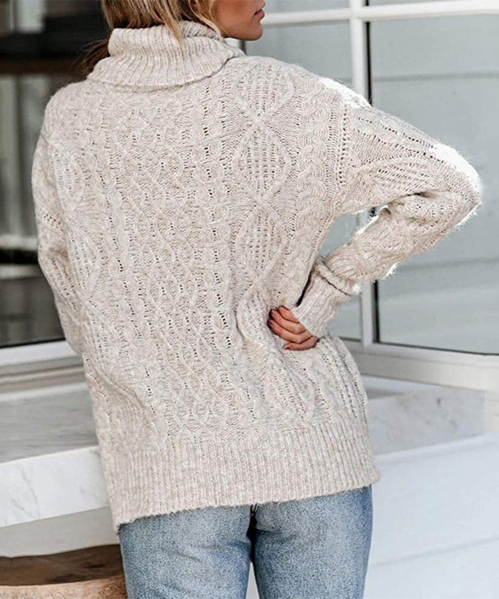 WW | Strickpullover Zopfstrick Hoher Kragen Langarm Lockere Passform