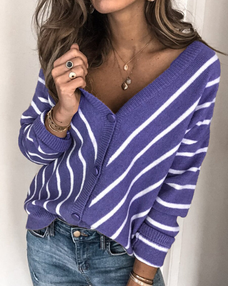 WW | Cardigan - Strickweiche Qualität - V-Ausschnitt - Knopfverschluss - Gestreiftes Design - Lange Ärmel