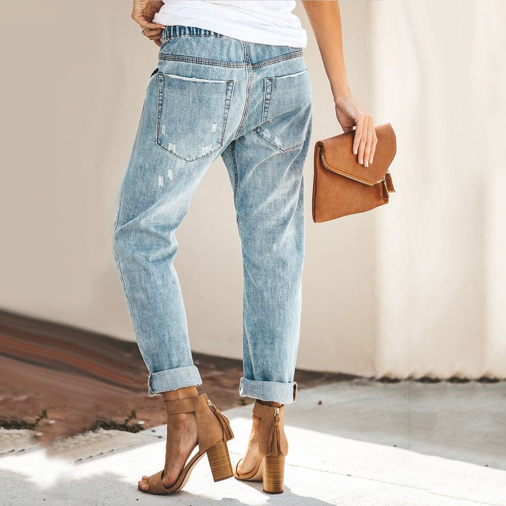 WW | Relaxed Fit Zerrissene Denim Elastischer Bund Mit Kordelzug