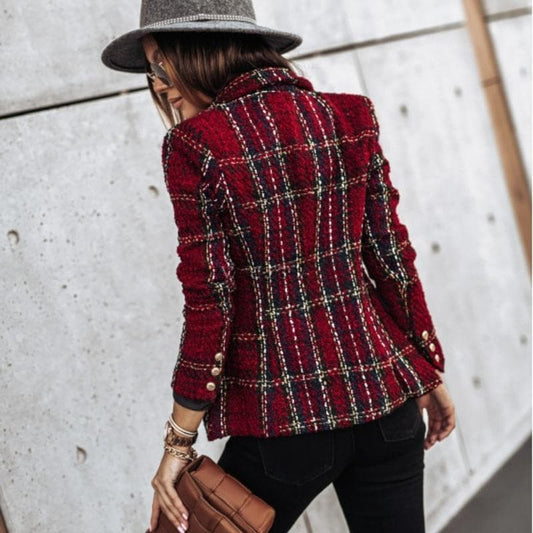 WW | Blazer Tweed Stoff Karomuster Taillierte Passform Goldene Knöpfe