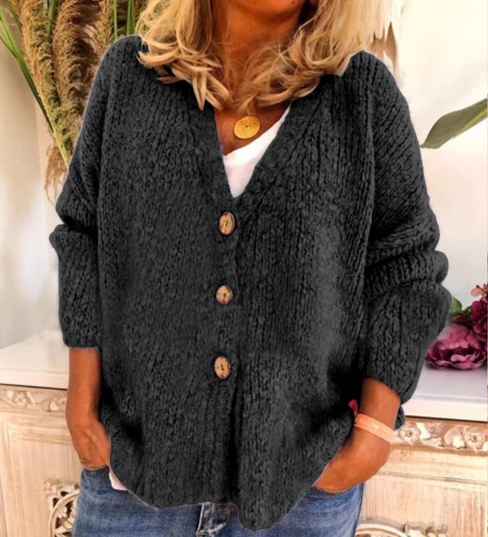WW | Strickjacke Lockere Passform Weicher Grobstrick V-Ausschnitt mit Knöpfen