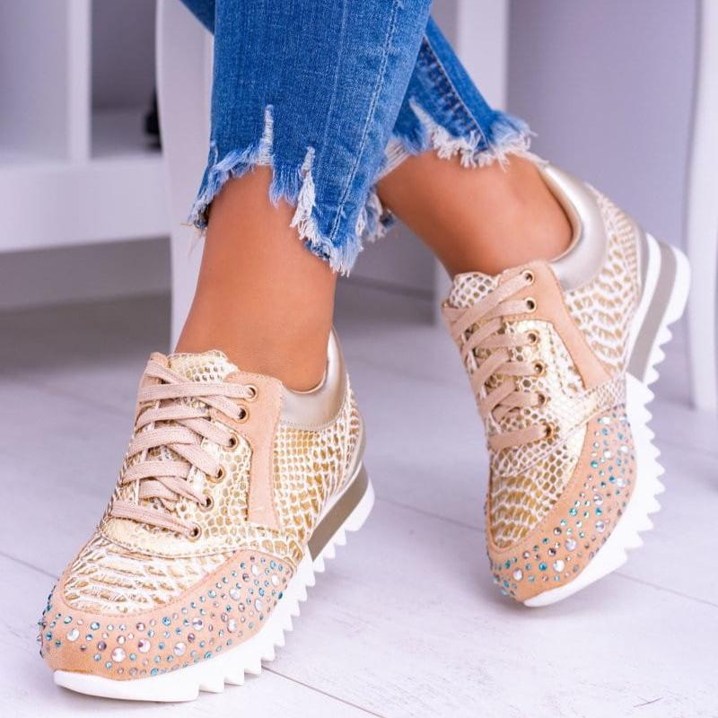 WW | Sneaker Structured Design Rhinestone Details Chunky Sole Lacing