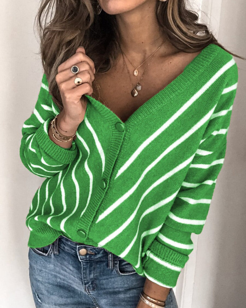 WW | Cardigan - Strickweiche Qualität - V-Ausschnitt - Knopfverschluss - Gestreiftes Design - Lange Ärmel