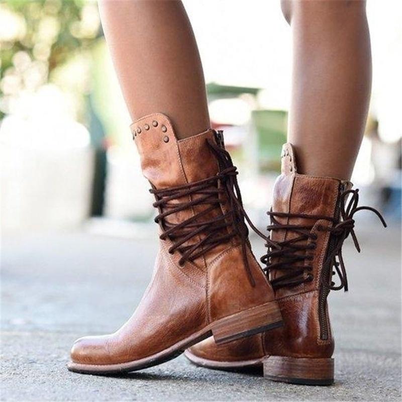 WW | Stiefeletten Leder Schnürung Nieten Details Niedriger Absatz Runde Spitze