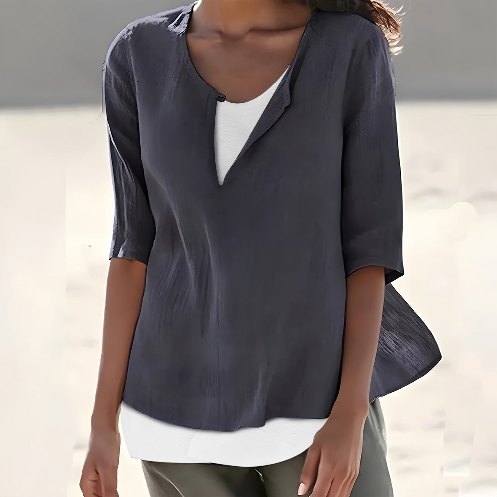 WW | Stilvolles, halbärmeliges Damenoberteil aus Baumwolle und Leinen