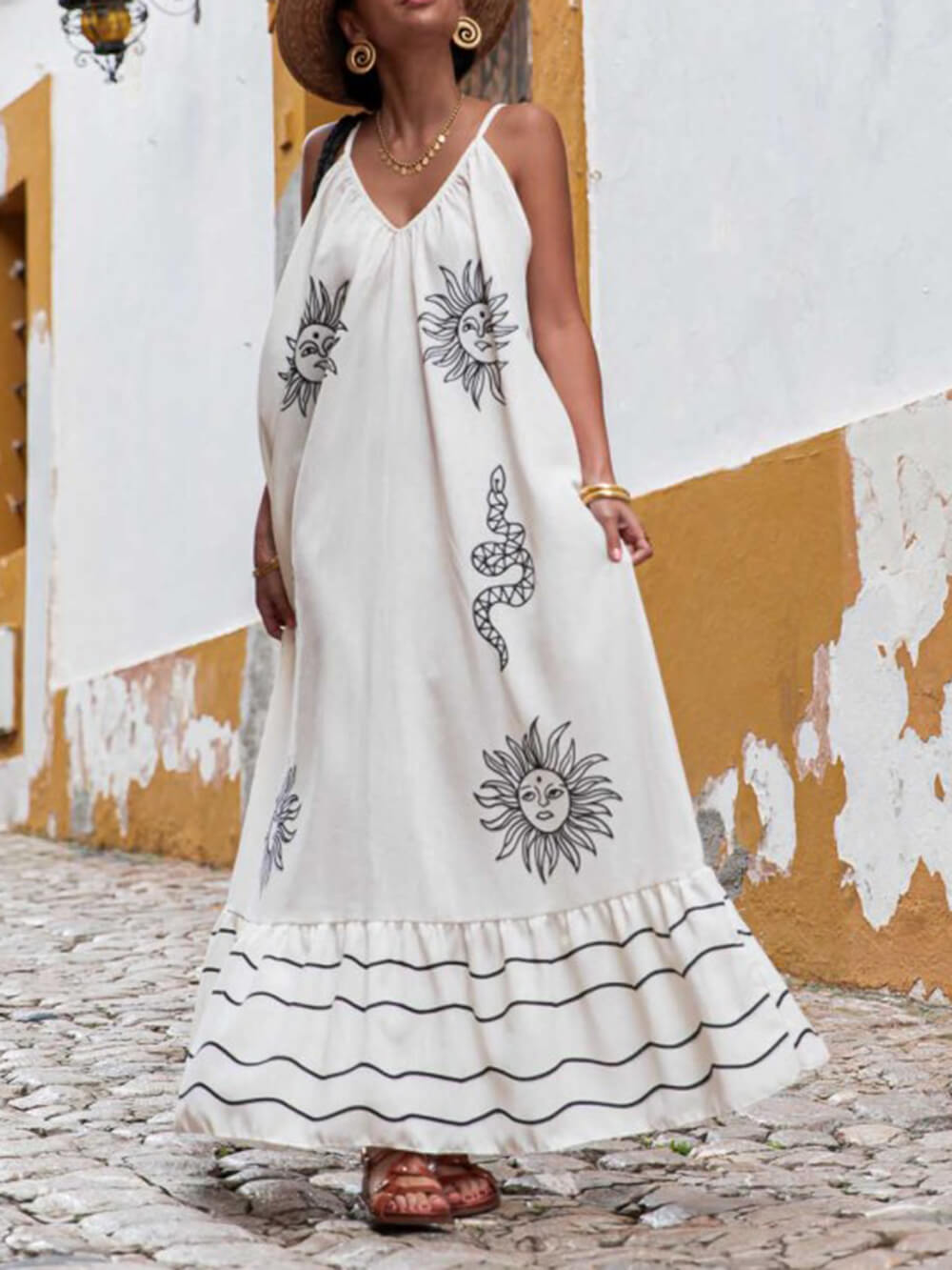 Einzigartiges ethnisches Kleid mit V-Ausschnitt und „Under The Sun“-Print