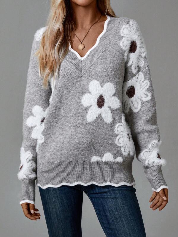 WW | Gray pullover with floral print and V-neck