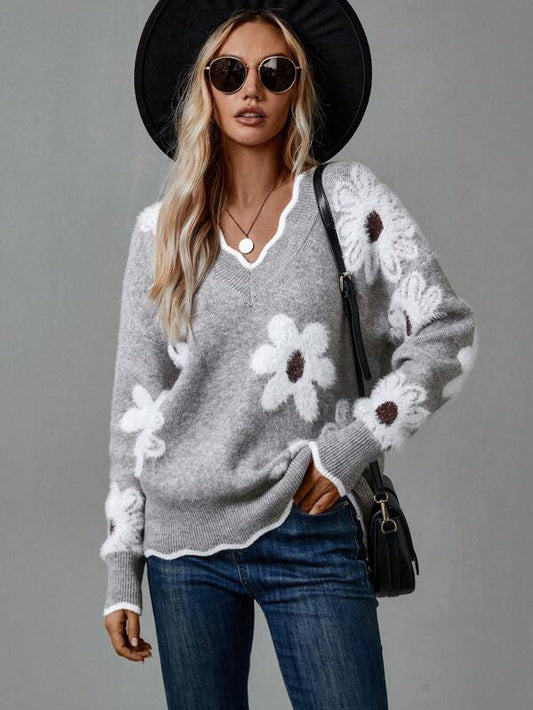 WW | Grauer Pullover mit Blumen und V-Ausschnitt