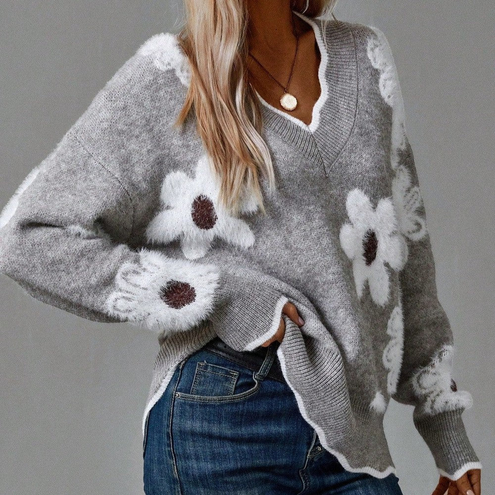 WW | Gray pullover with floral print and V-neck