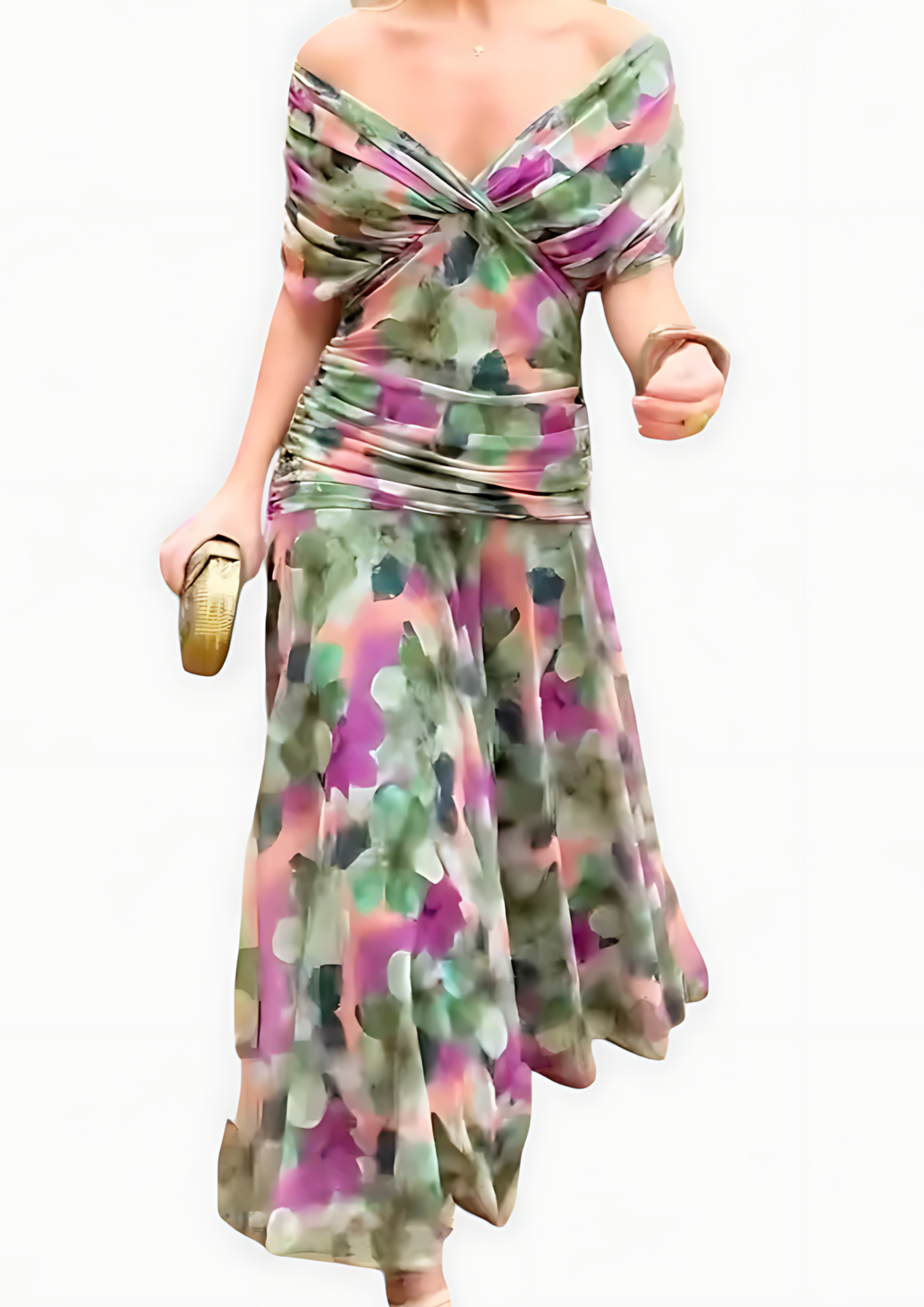 Aure Maxi Dress with Fantasy Floral Print and V-Neck - Green Flowers
