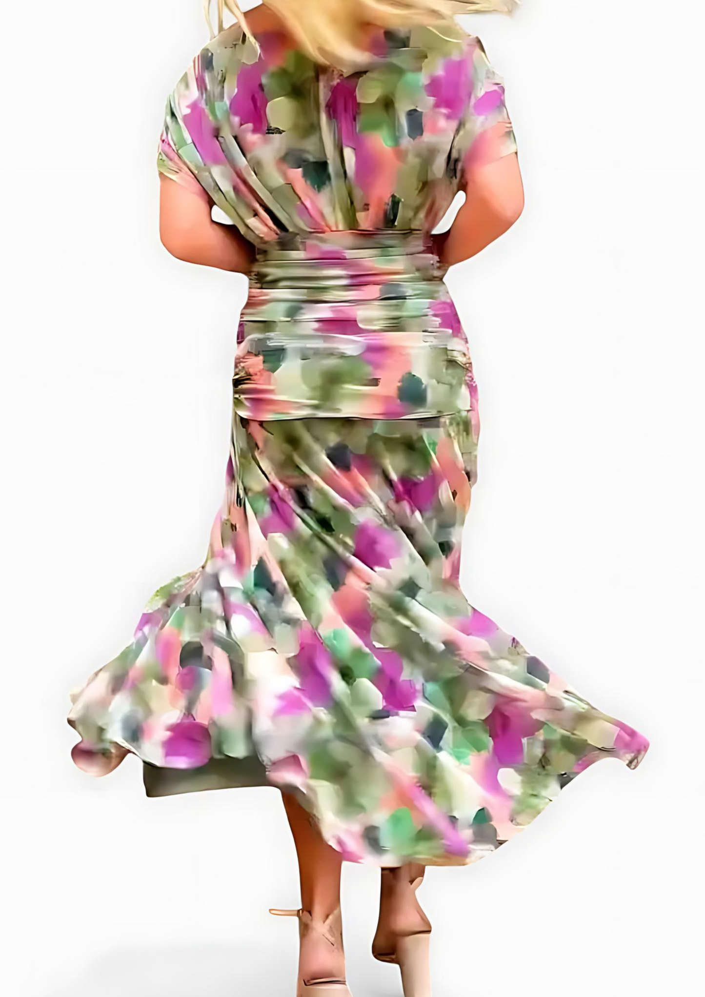 Aure Maxi Dress with Fantasy Floral Print and V-Neck - Green Flowers