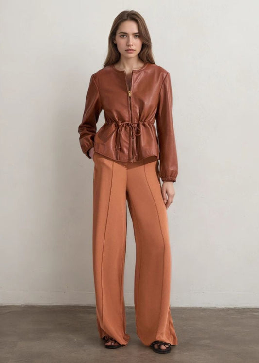 WW | Kognac Kunstleder Zip-Jacke mit Zugband Taille