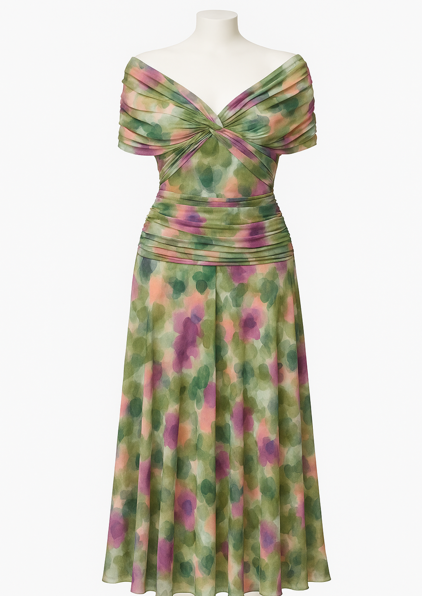 Aure Maxi Dress with Fantasy Floral Print and V-Neck - Green Flowers