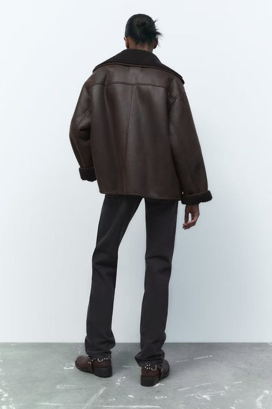 WW | Kunstleder Aviatorjacke - Schurwollfutter - Doppelreiher-Design - Winteroberbekleidung