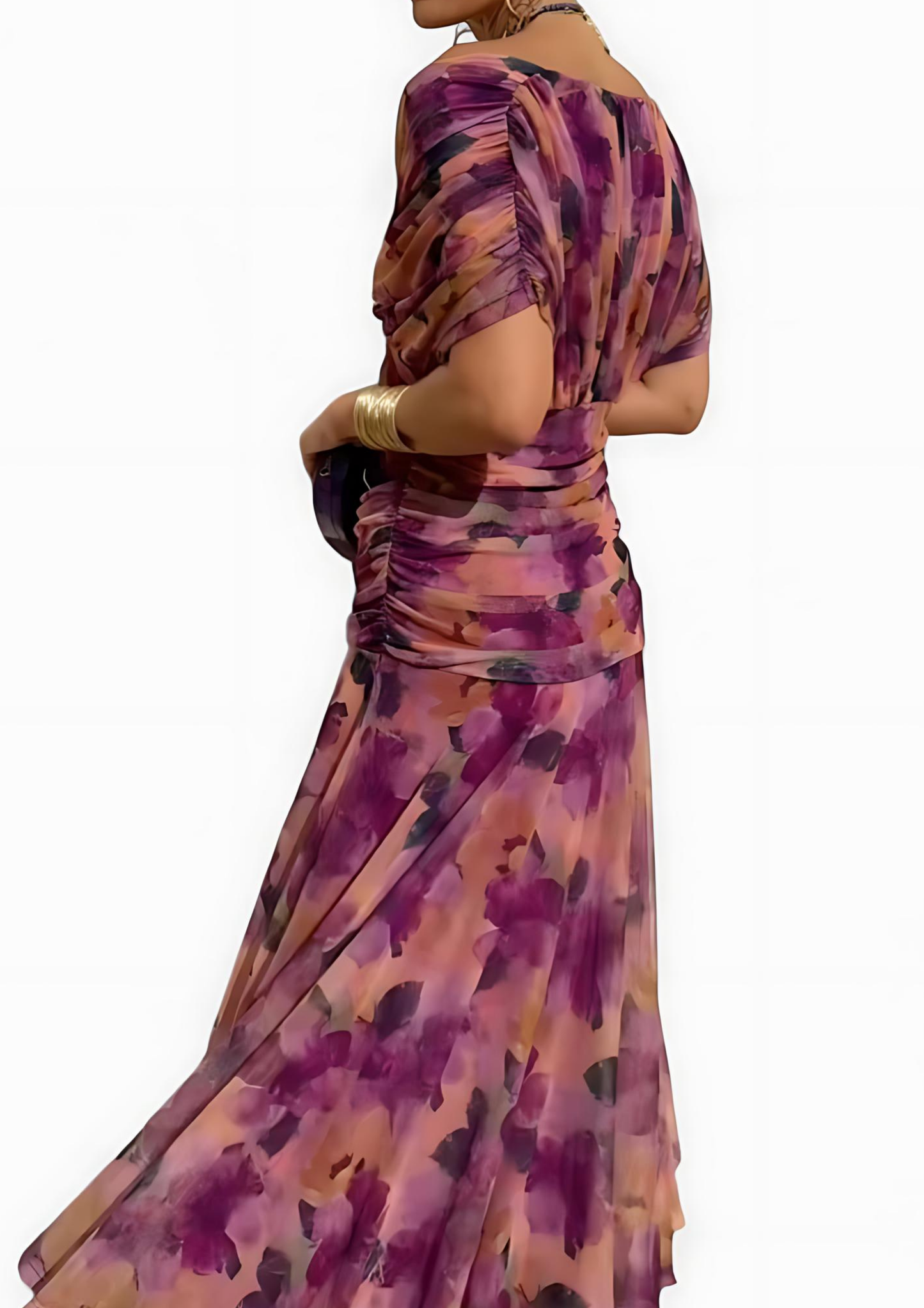 Aure Maxi Dress with Fantasy Floral Print and V-Neck - Pink Flowers