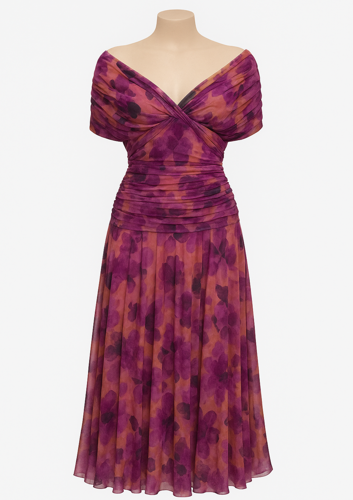 Aure Maxi Dress with Fantasy Floral Print and V-Neck - Pink Flowers