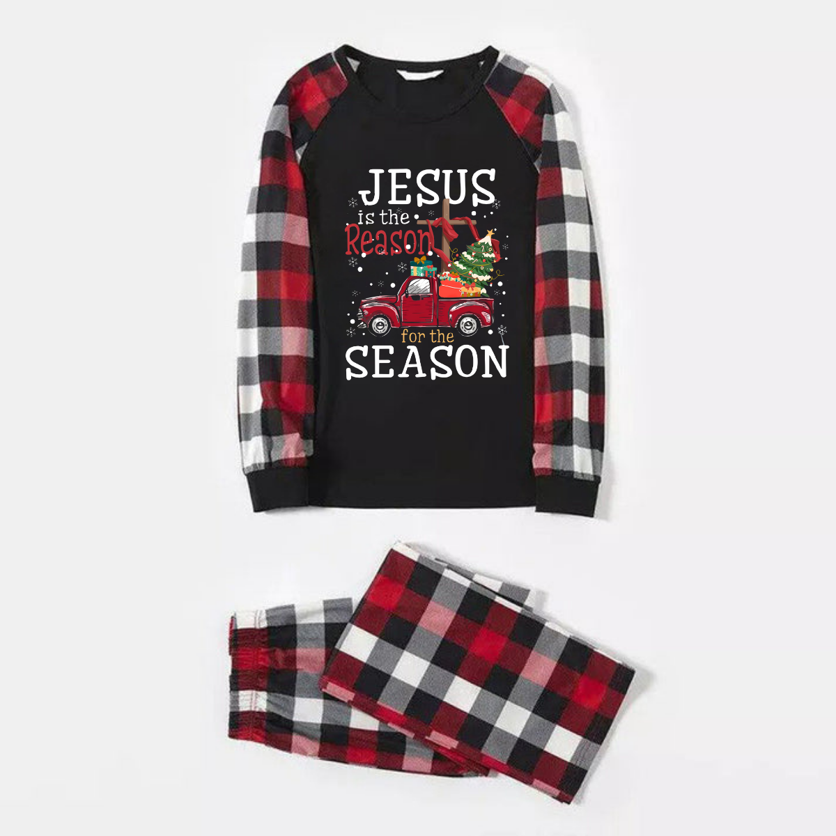 WW | Red and Grey Plaid 'Jesus is the Reason for the Season' Text Print Christmas Pyjama Set