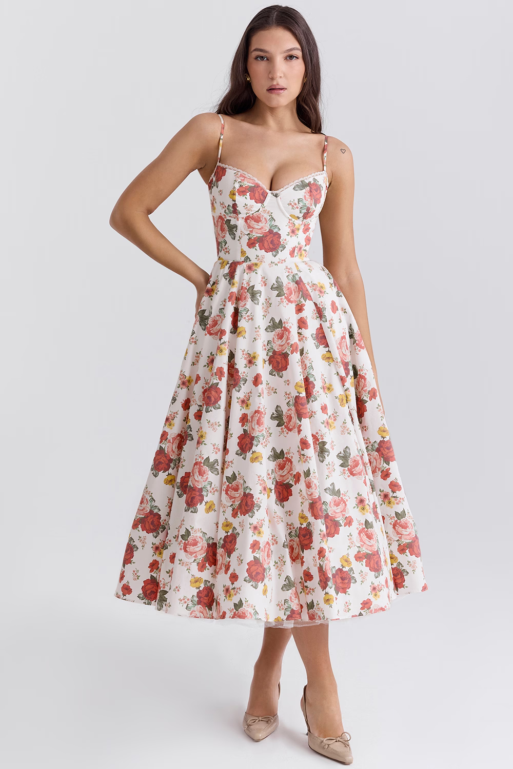 WW | A-linie Midi Kleid Spaghetti Träger Spitzen Detail Elegante Formelle Kleidung