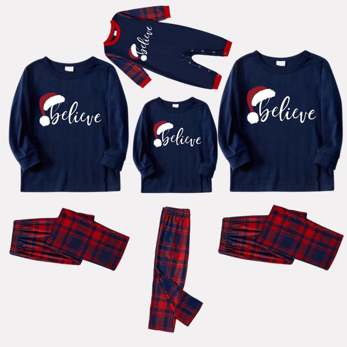 WW | Weihnachten "Believe" Buchstaben Drucken Blau Langarmoberteil mit Rot- und Blau-Karierten Weihnachtsfamilien-Matching Pyjamas