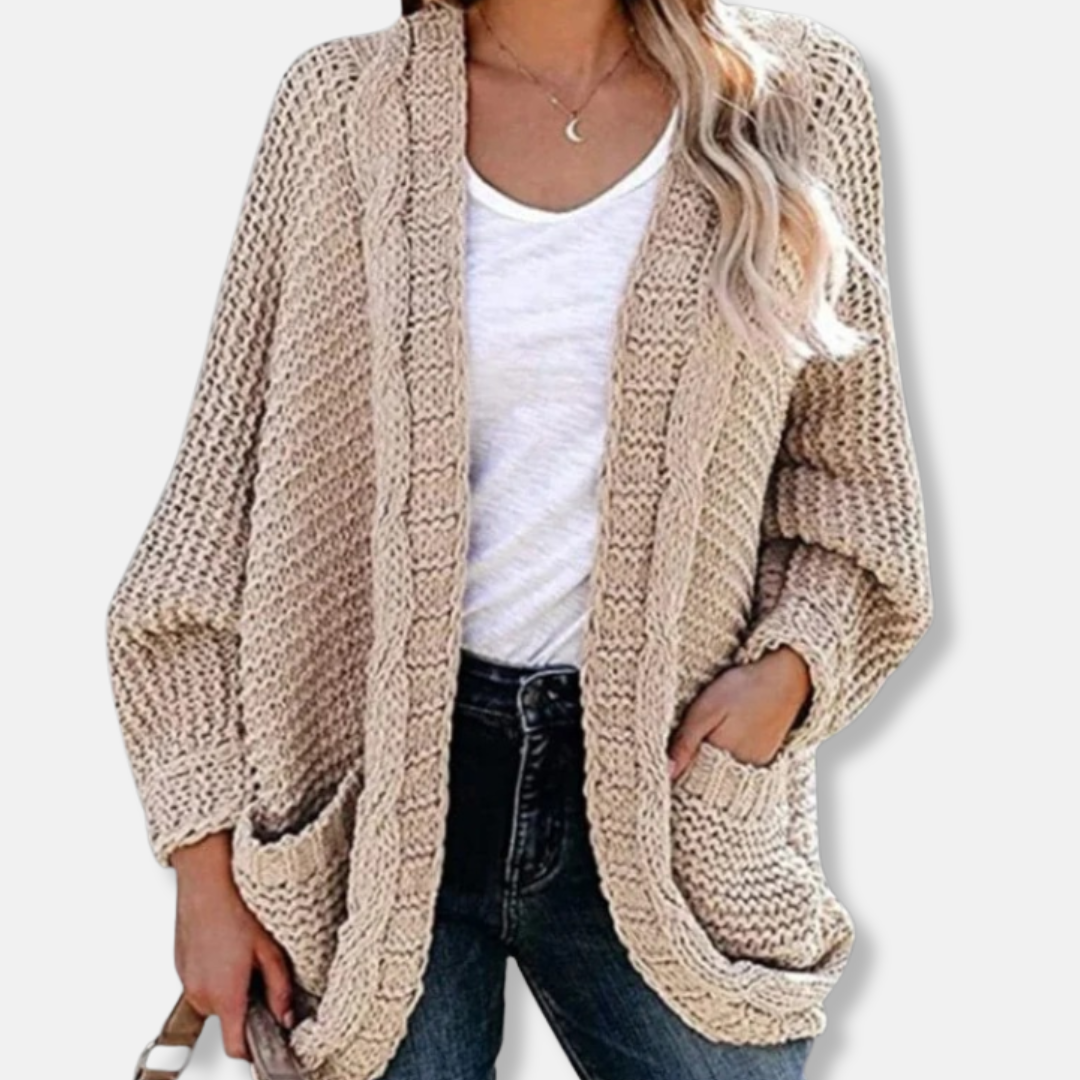 WW | Woll Übergroßer Cardigan - Gerippter Offener Fronttaschen Cardigan