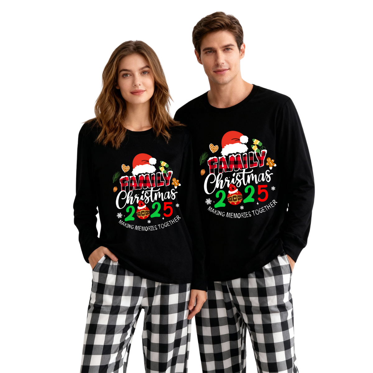 WW | Family Christmas 2025 Creating Memories Together Text Print Black Long Sleeve Top with Black and White Plaid Pants Family Matching Pajamas