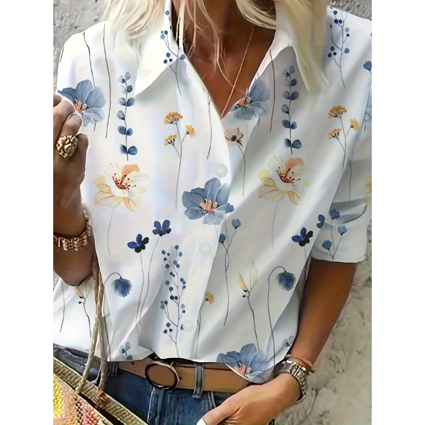 WW | White Elegant Women's Blouse with Floral Pattern and Collar