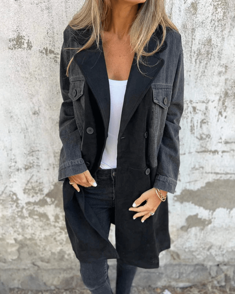 WW | Stoff Trenchcoat - Denim und Wildleder-Look Kontrast mit Knopfverschluss