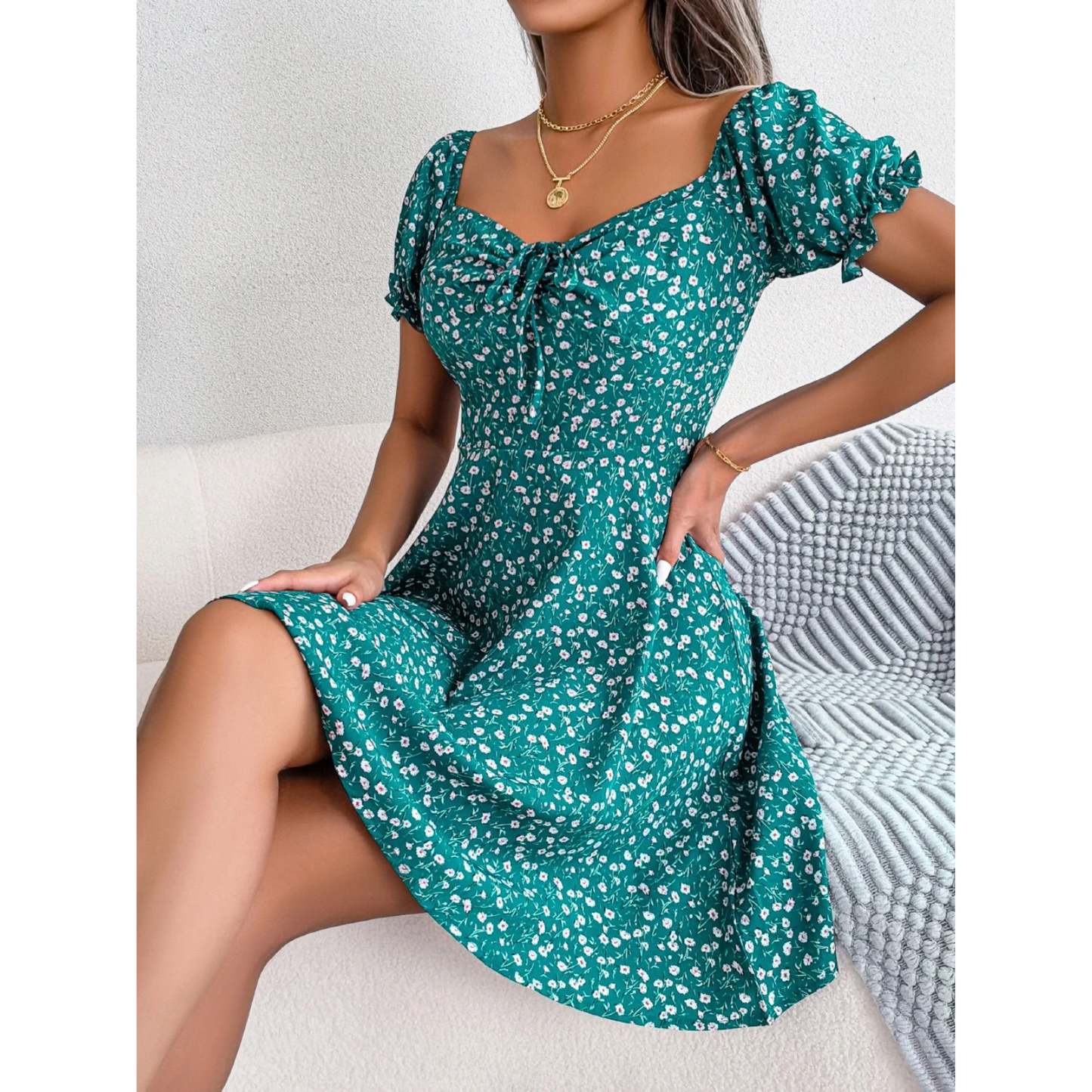 WW | Women's Summer Dress with Floral Puff Sleeves