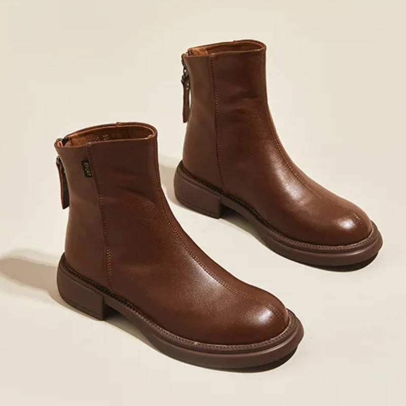 WW | Damen Stiefel Leder Ankle Boots mit Reißverschluss Hinten und Niedrigem Absatz