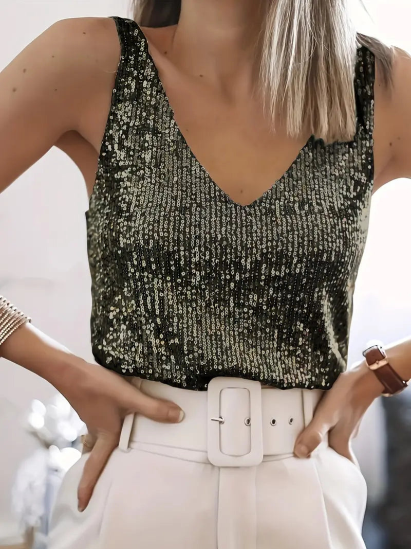 WW | Women's Glitter Sequin V-Neck Sleeveless Shirt Top For Women