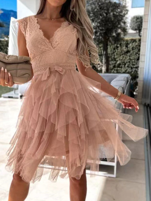 WW | Damen Kleider V-Ausschnitt Spitze Mesh Unregelmäßiges Kleid