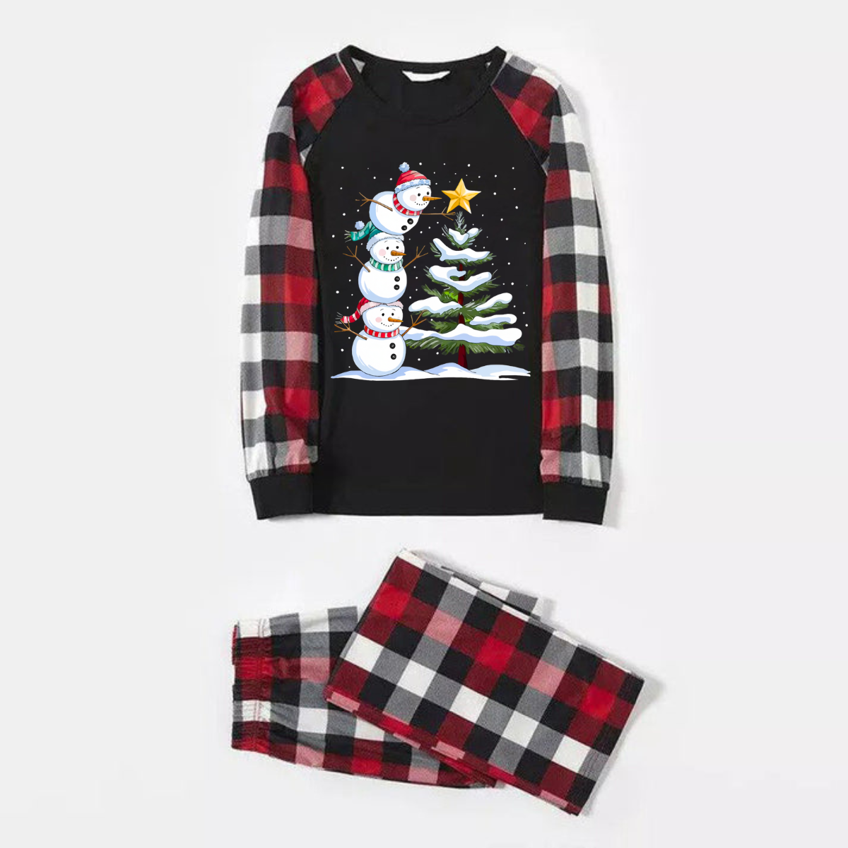 WW | Red & Grey Plaid Snowman & Christmas Tree Print Christmas Pyjama Set