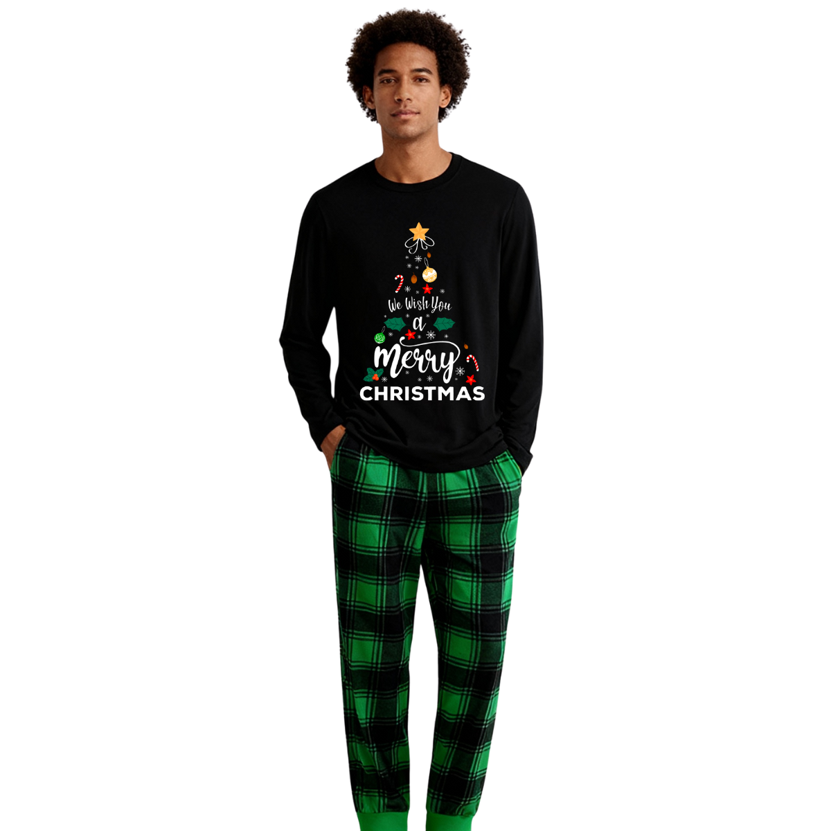 WW | "We wish you a Merry Christmas" Printed Pattern Black Long Sleeve Top with Black and Green Plaid Pants Family Matching Pajamas