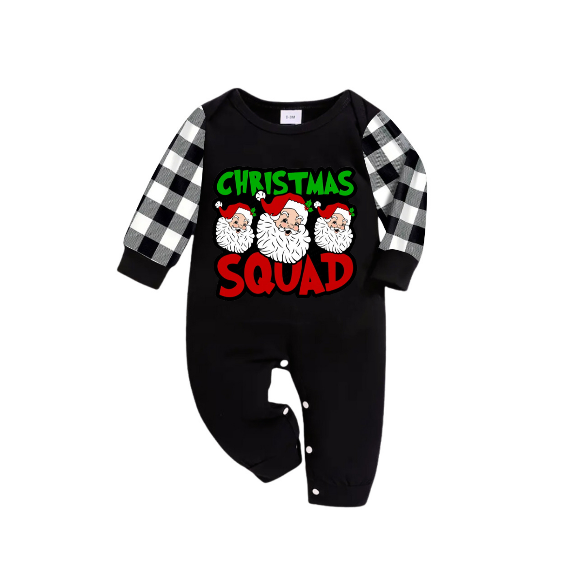 WW | "Santa Squad" and Santa Claus Print Black Long-Sleeve T-Shirt with Black and White Plaid Pants Family Matching Pajamas
