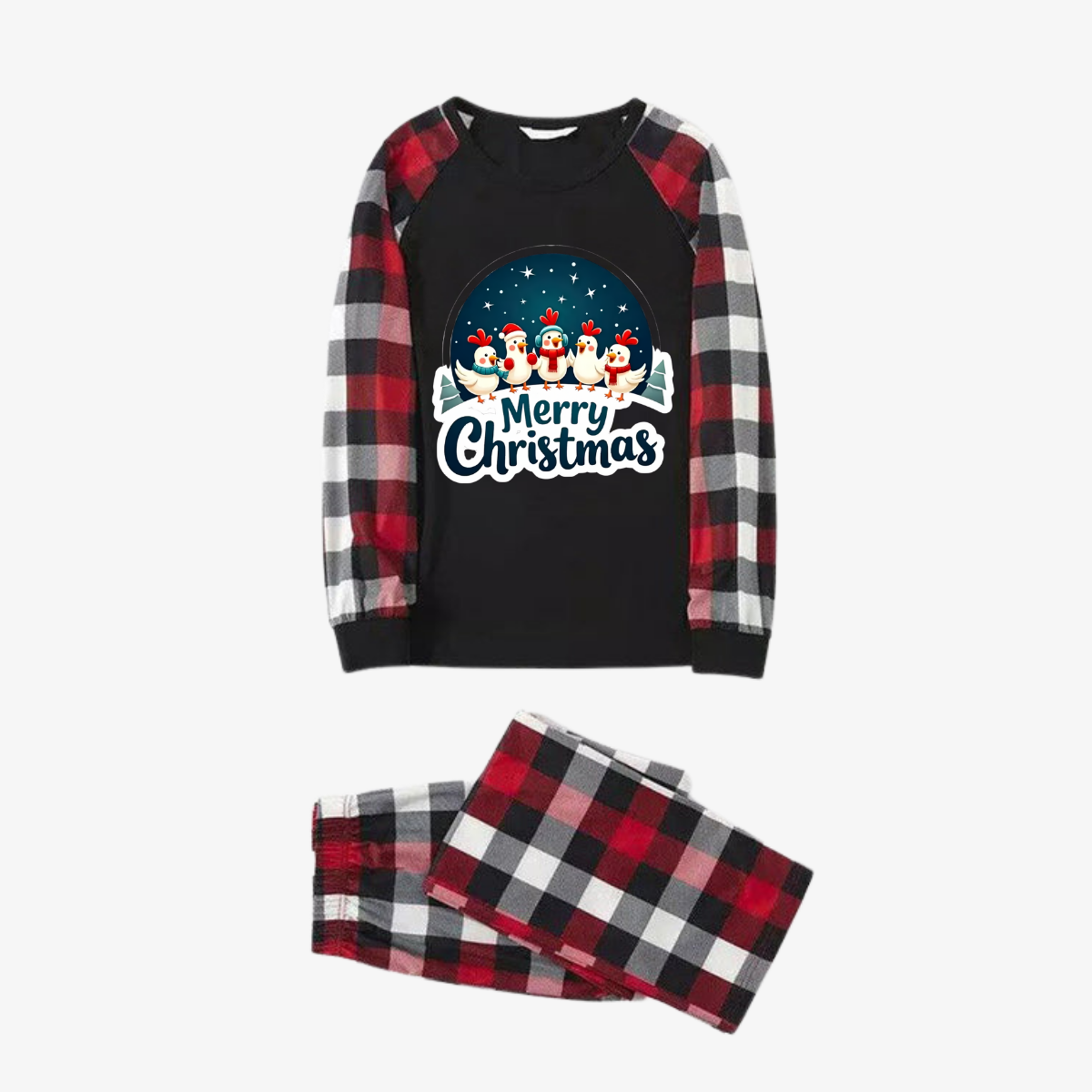 WW | Red and grey checkered Christmas pyjamas with happy chickens and "Merry Christmas" text print