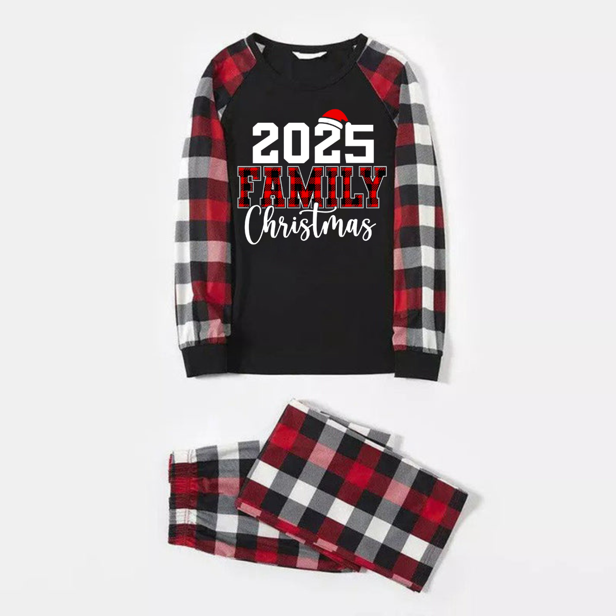 WW | "2025 FNMILY Christmas" White and Red Print Pattern - Black Top with Red, Black, and White Plaid Sleeves - Family Matching Pajamas