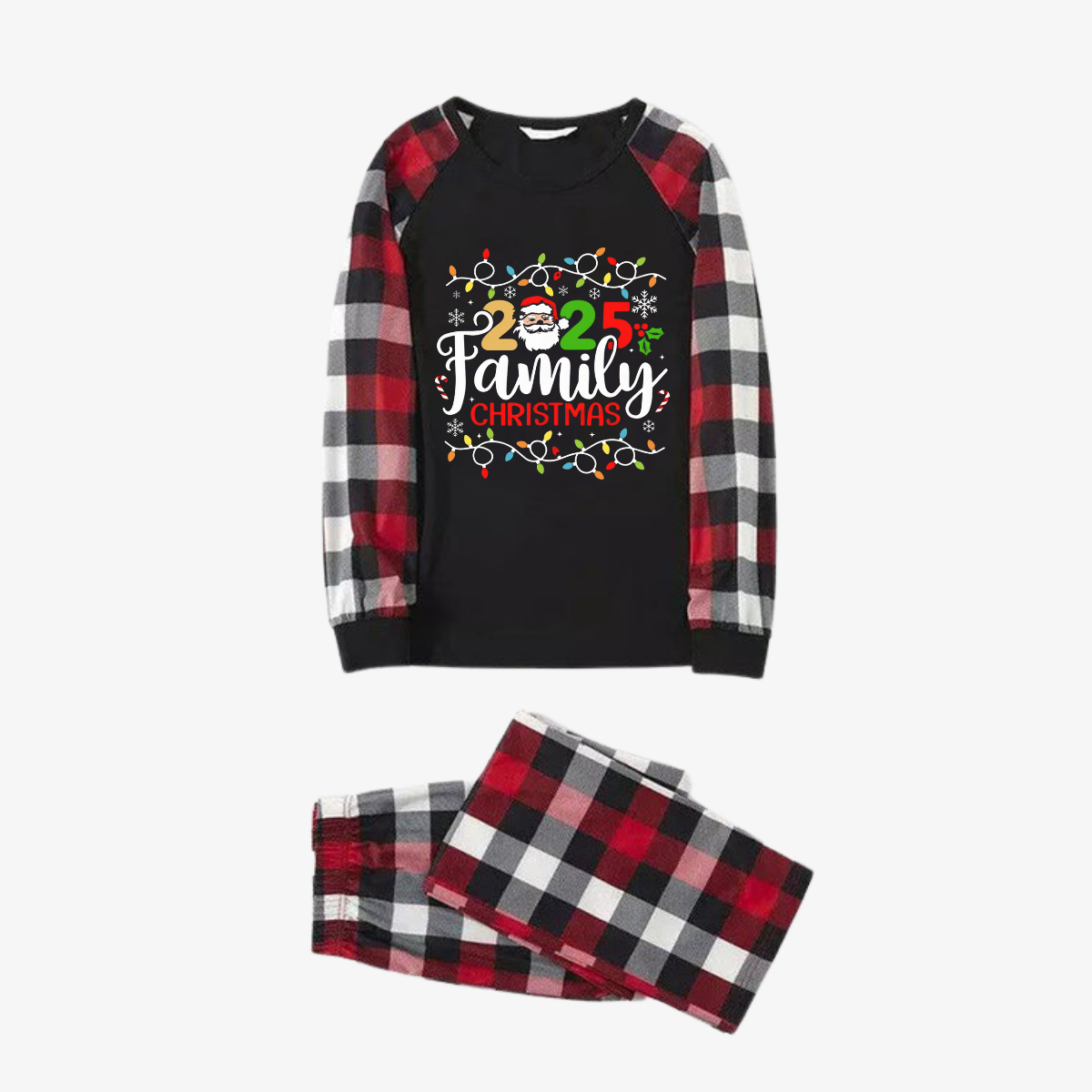 WW | Red and Gray Plaid Christmas Pajama Set with Christmas Lights and "2025 Family Christmas" Text Print