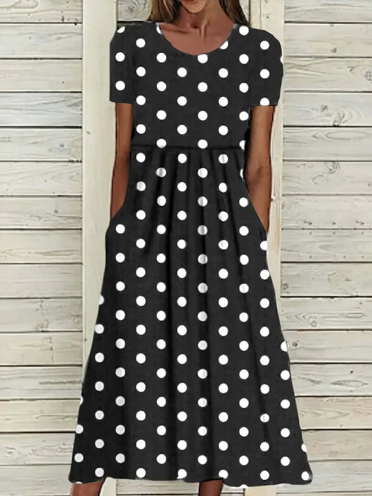 WW | Airy, Short-Sleeved, Polka Dot Dress with Round Neck