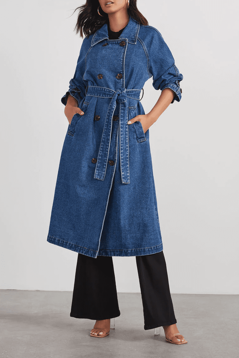 WW | Denim Trenchcoat - Langarm Gürtel Design - Lässige Chic Oberbekleidung